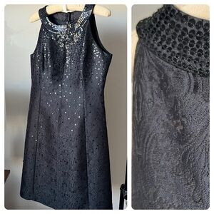 ANN TAYLOR Sequin and Jacquard Sleeveless Sheath Cocktail Dress in Black